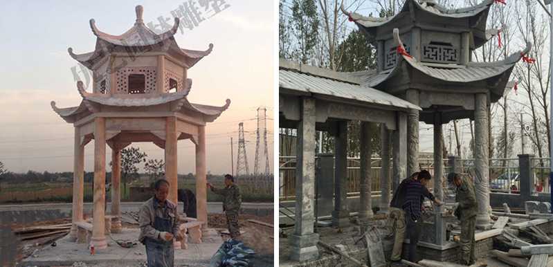 中式大理石涼亭安裝，石雕景觀亭子工廠，中式涼亭廠家